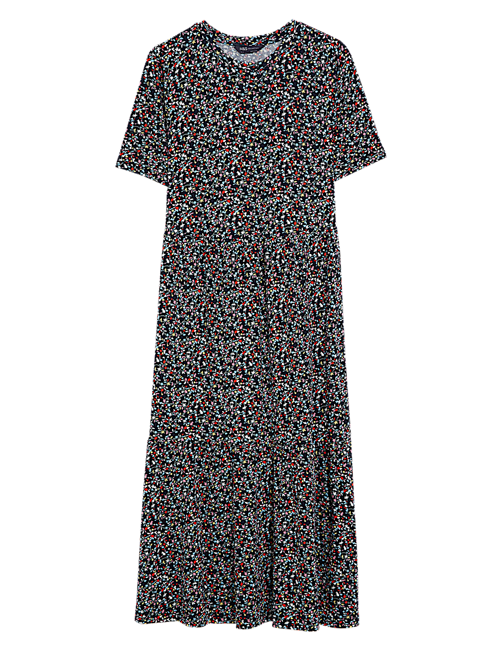 Jersey Printed Round Neck Midi Tiered Dress