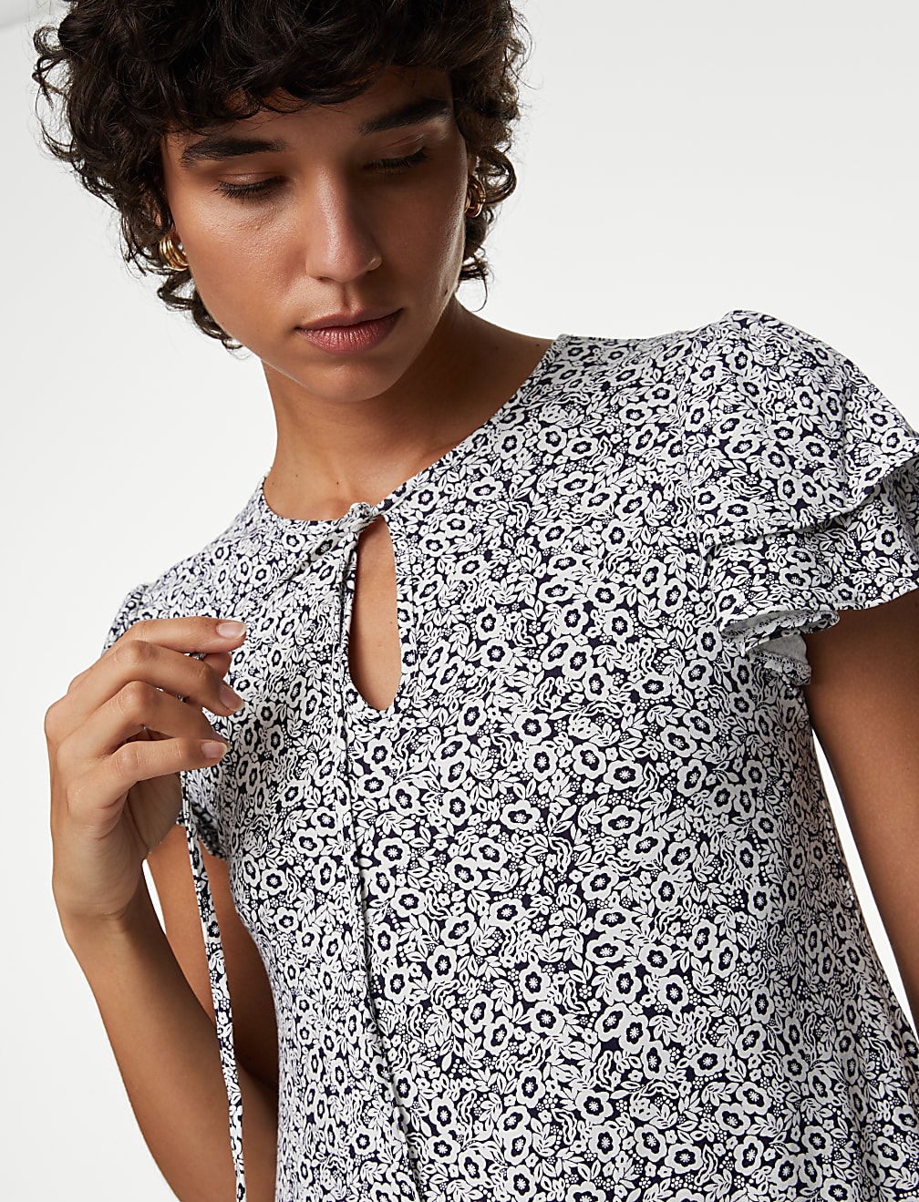 Jersey Printed Tie Neck Mini Smock Dress