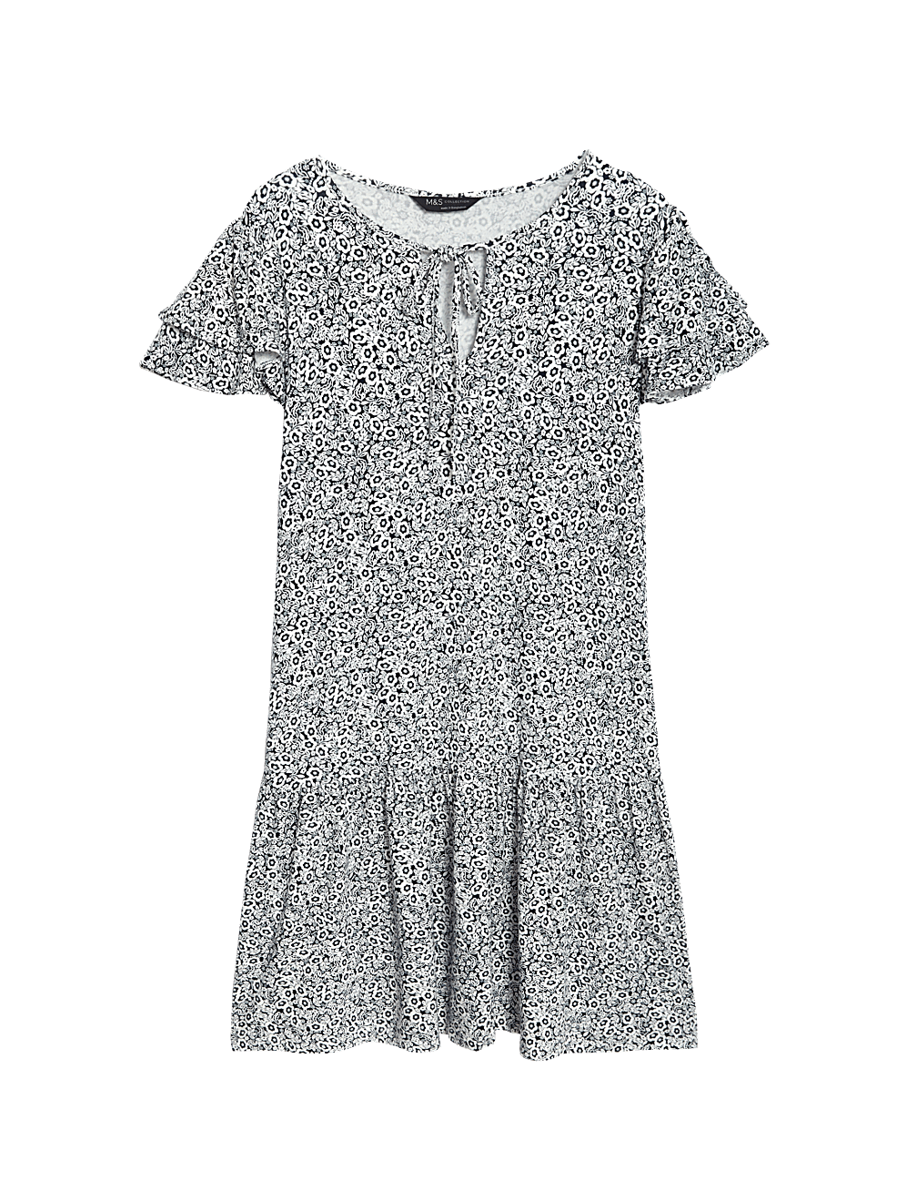 Jersey Printed Tie Neck Mini Smock Dress