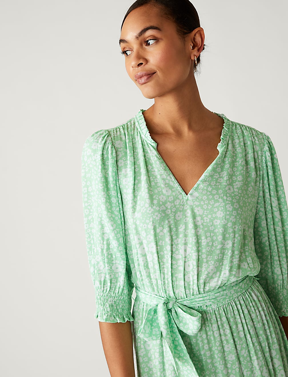 Printed V-Neck Midi Waisted Dress