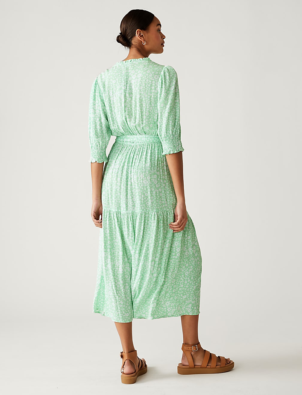 Printed V-Neck Midi Waisted Dress