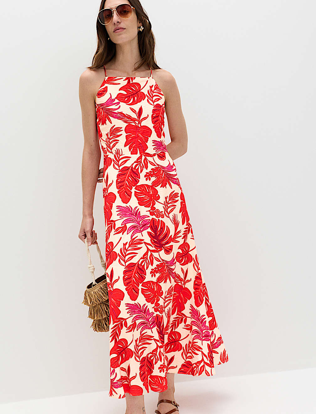 Leaf Print Strappy Midaxi Cami Dress
