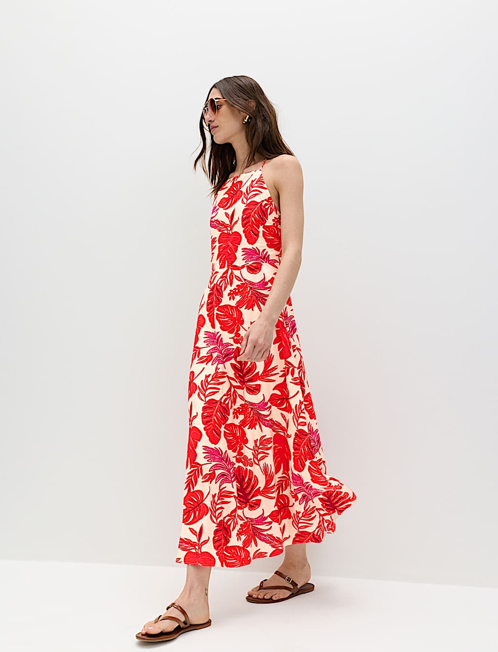 Leaf Print Strappy Midaxi Cami Dress