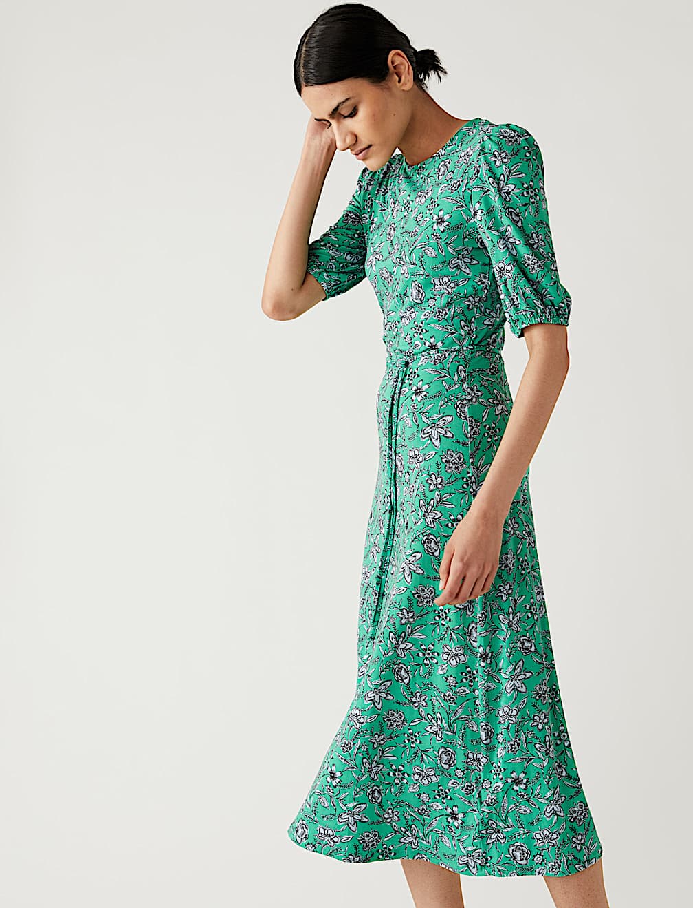 Jersey Printed Belted Midi Tea Dress