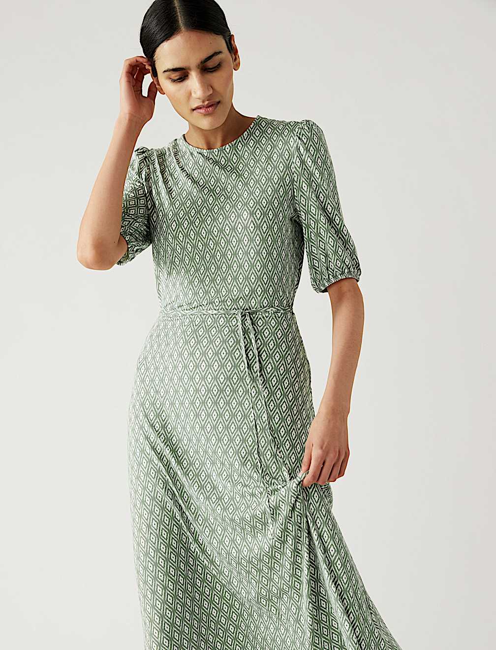 Jersey Printed Belted Midi Tea Dress