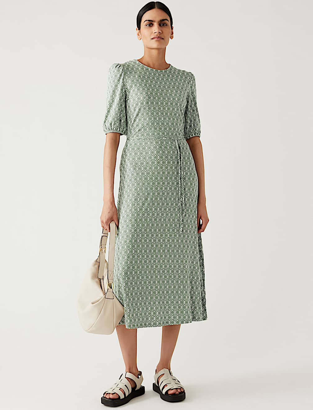 Jersey Printed Belted Midi Tea Dress
