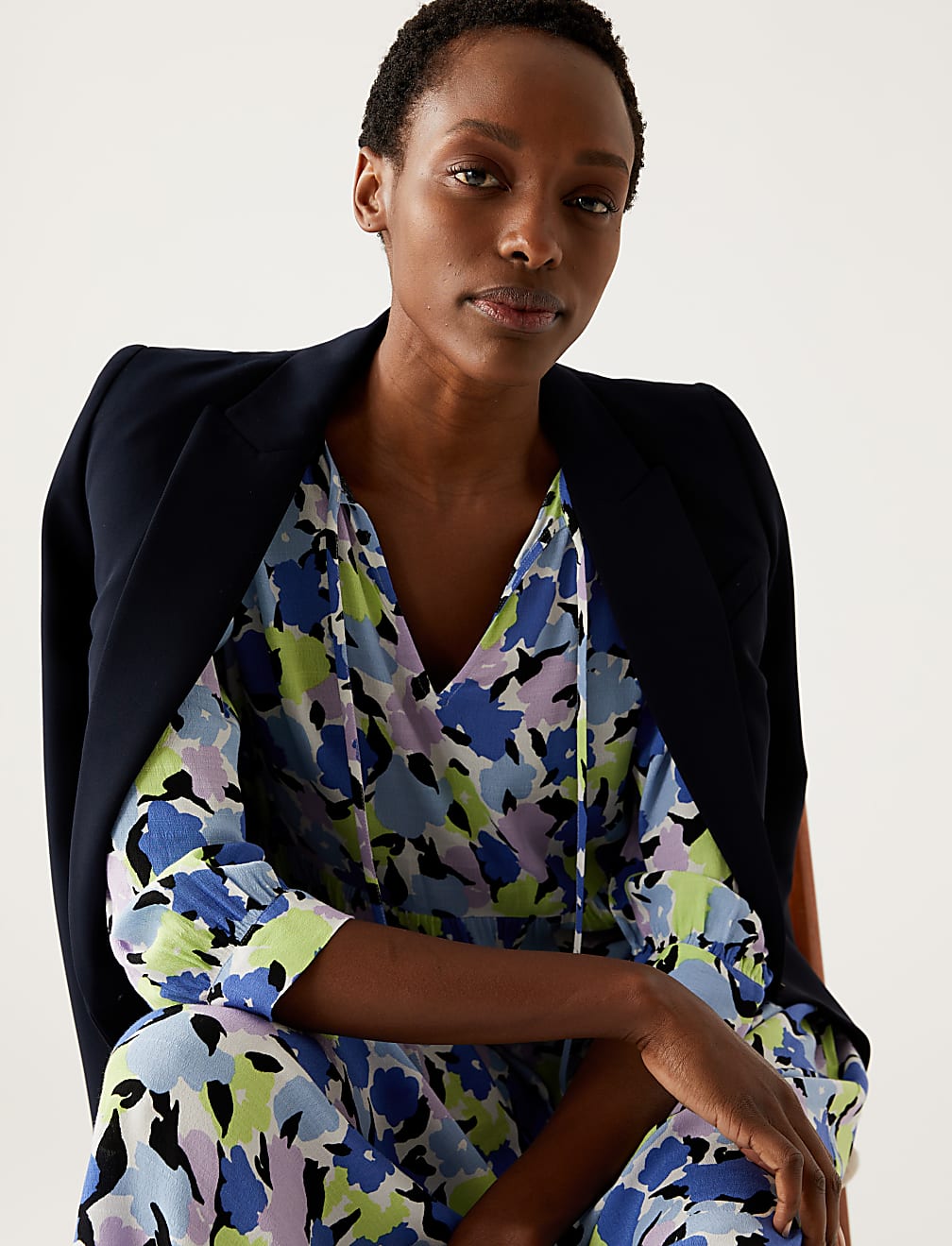 Printed Tie Neck Puff Sleeve Midi Dress