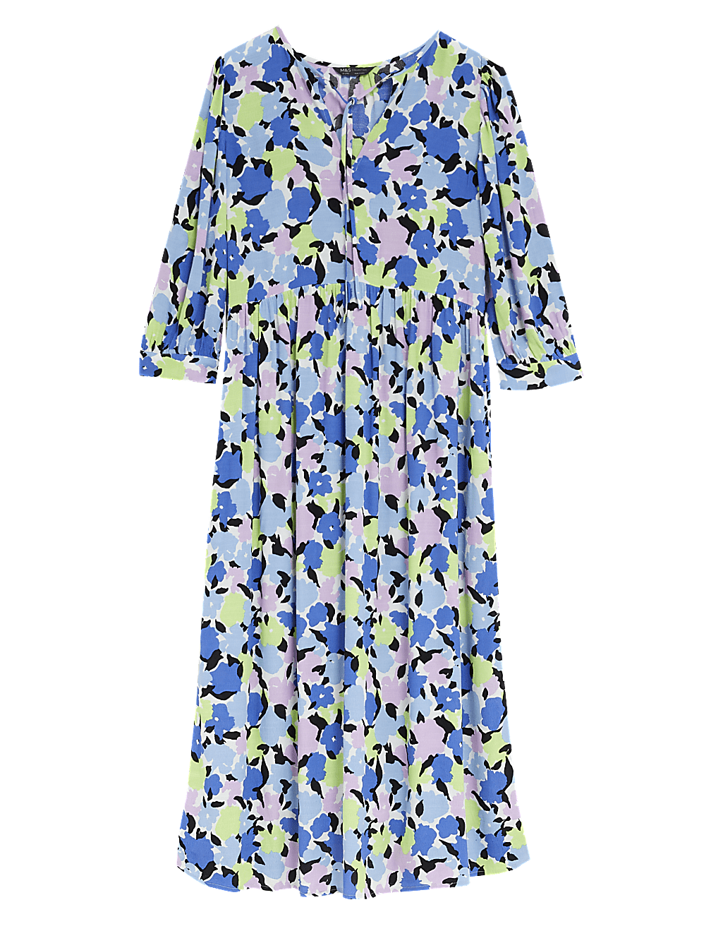 Printed Tie Neck Puff Sleeve Midi Dress
