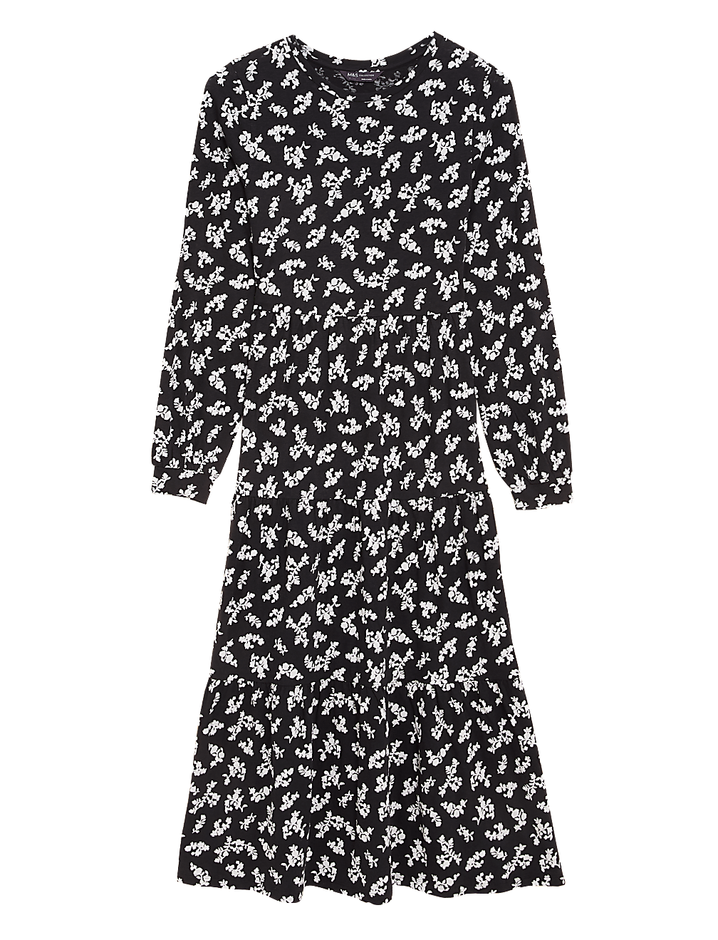 Jersey Floral Round Neck Midi Tiered Dress