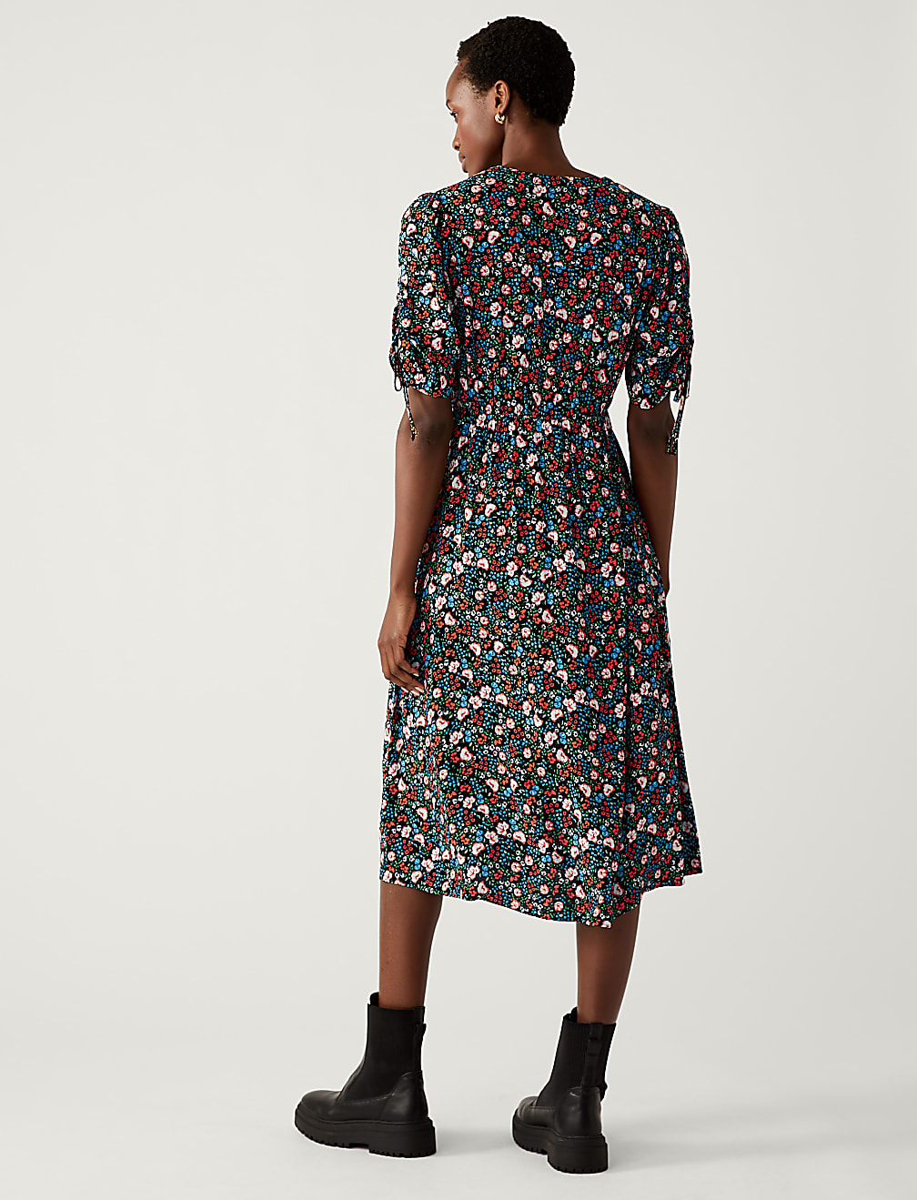 Printed V-Neck Tie Detail Midi Tea Dress