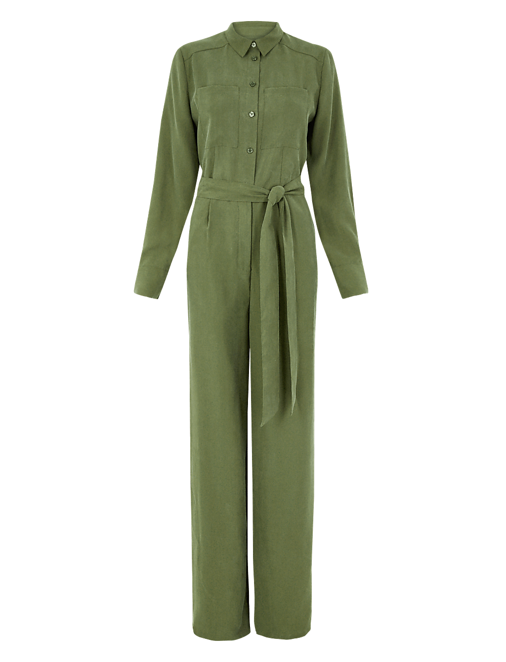 Collared Neck Belted Long Sleeve Jumpsuit