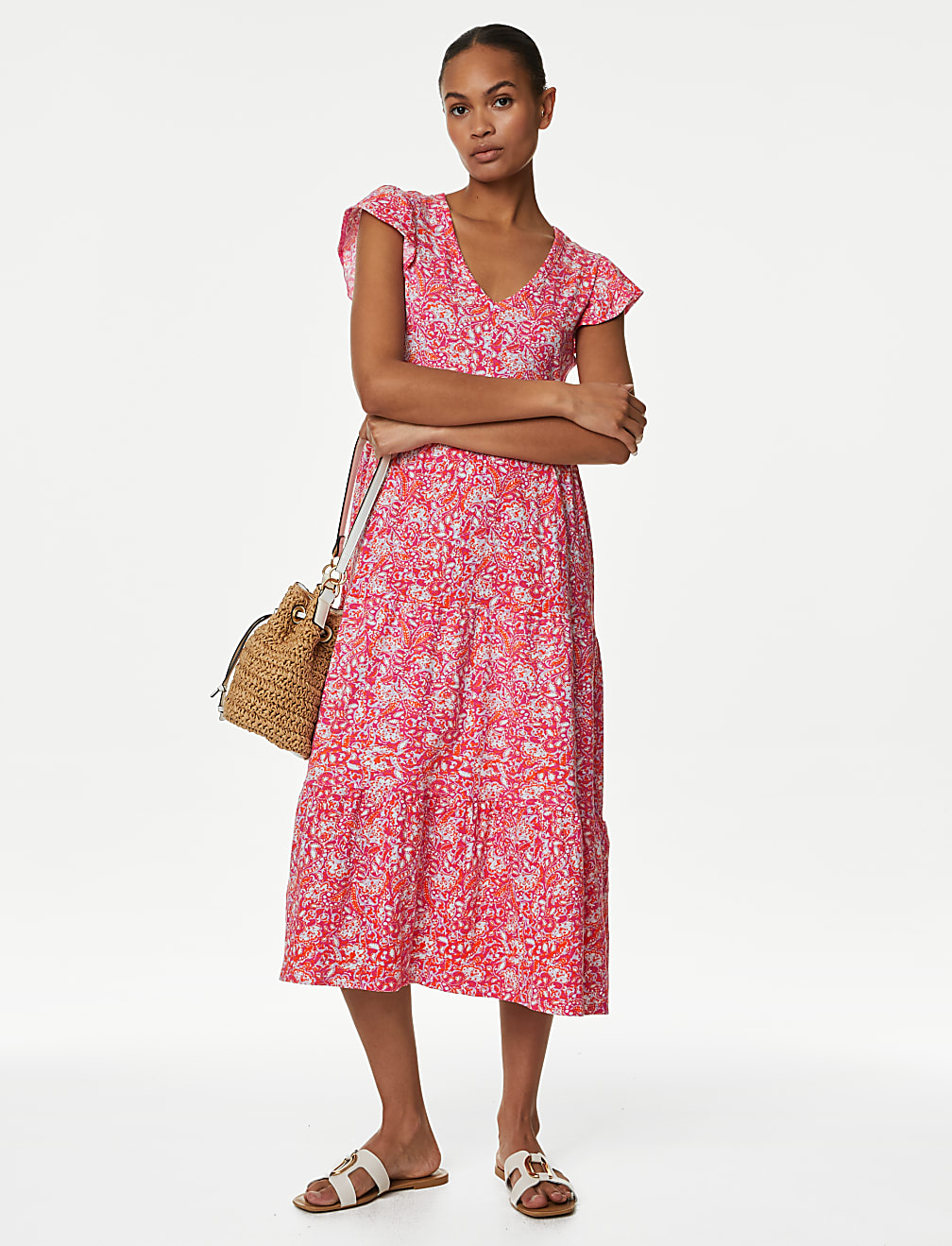 Pure Cotton Jersey Printed Midi Tiered Dress