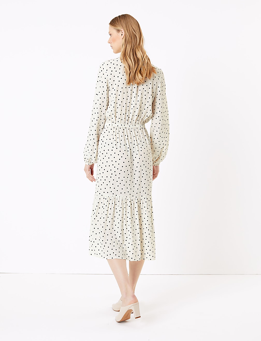 Polka Dot Frill Detail Midi Waisted Dress