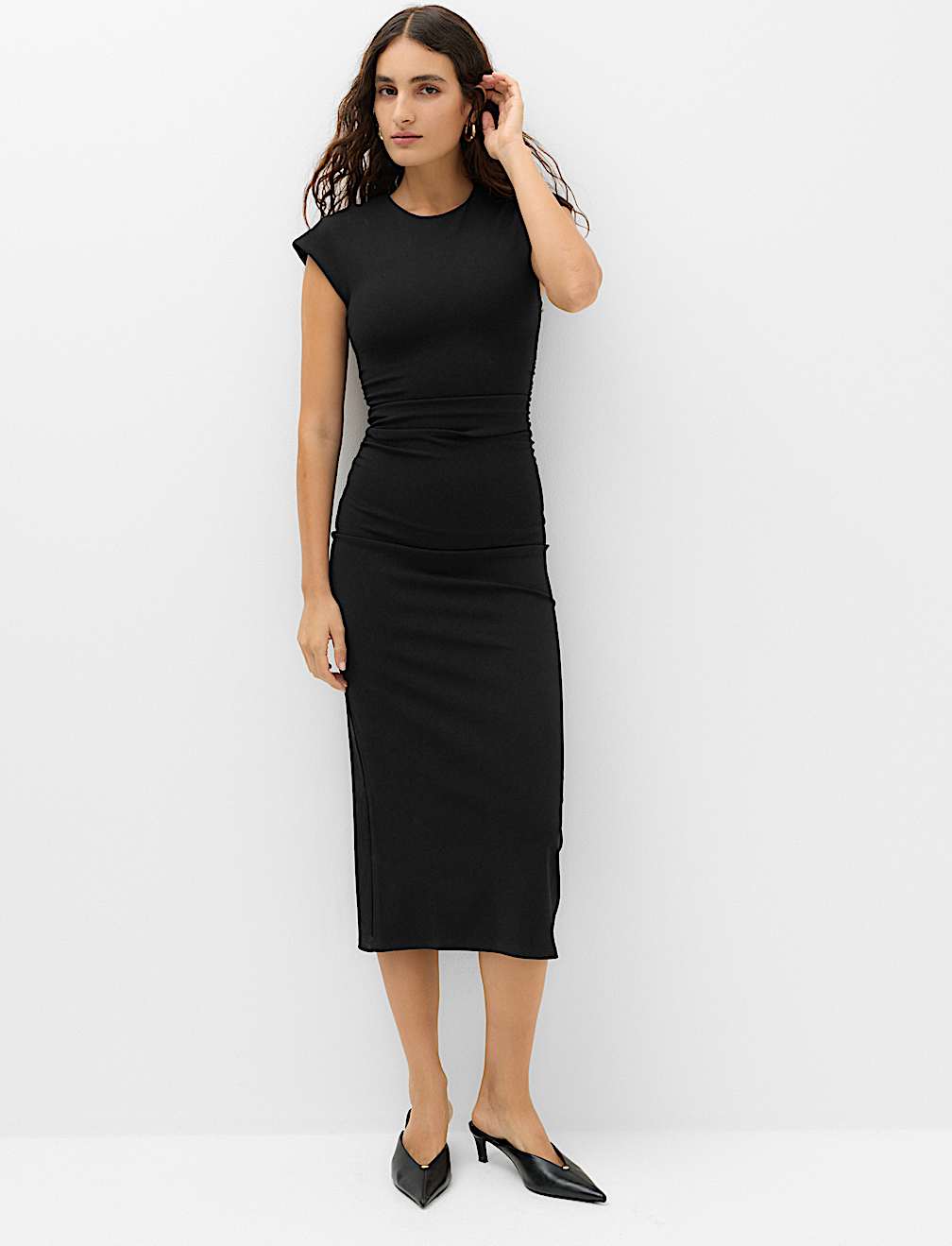 Jersey Ruched Crew Neck Midi Column Dress