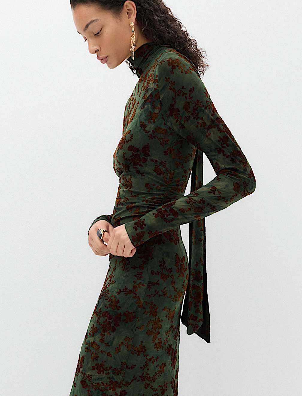 Floral Scarf Detail Midi Column Dress
