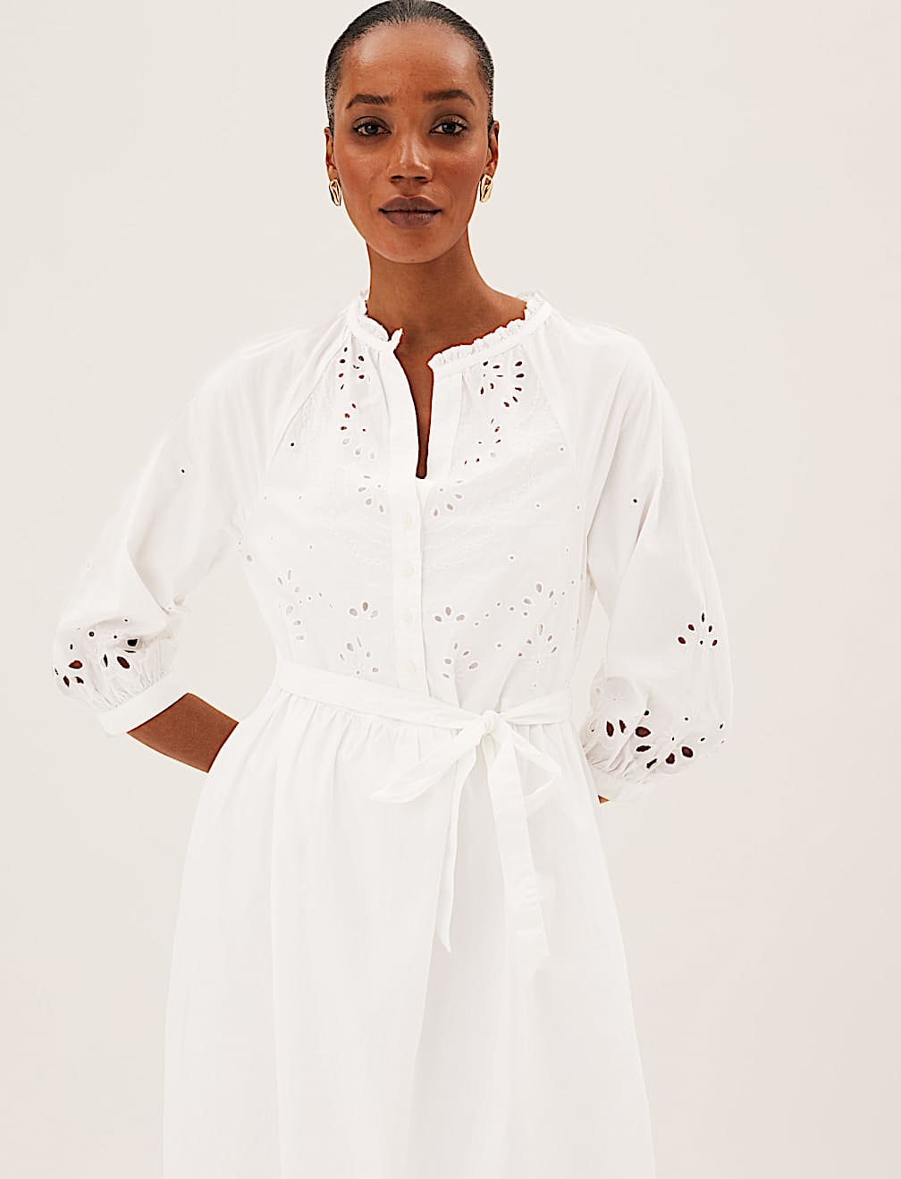 Pure Cotton Embroidered V-Neck Midi Dress