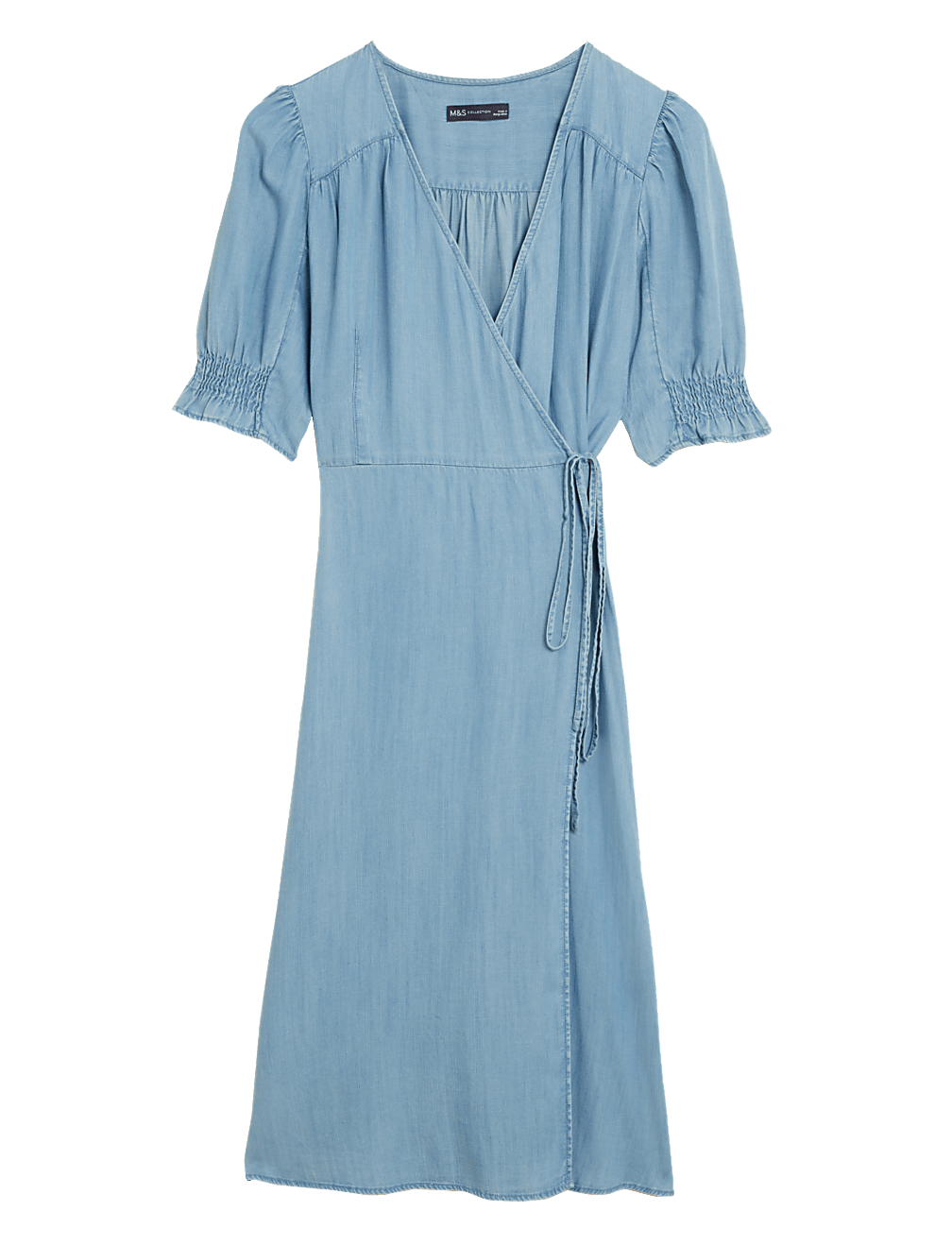 Tencel™ Denim V-Neck Midi Wrap Dress