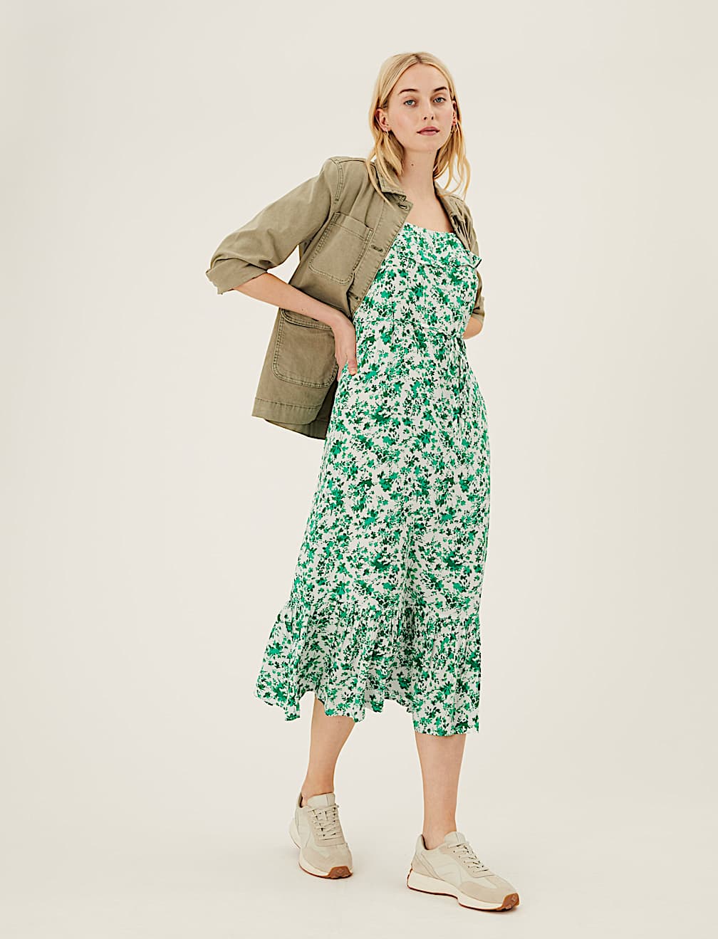 Floral Square Neck Midi Waisted Dress