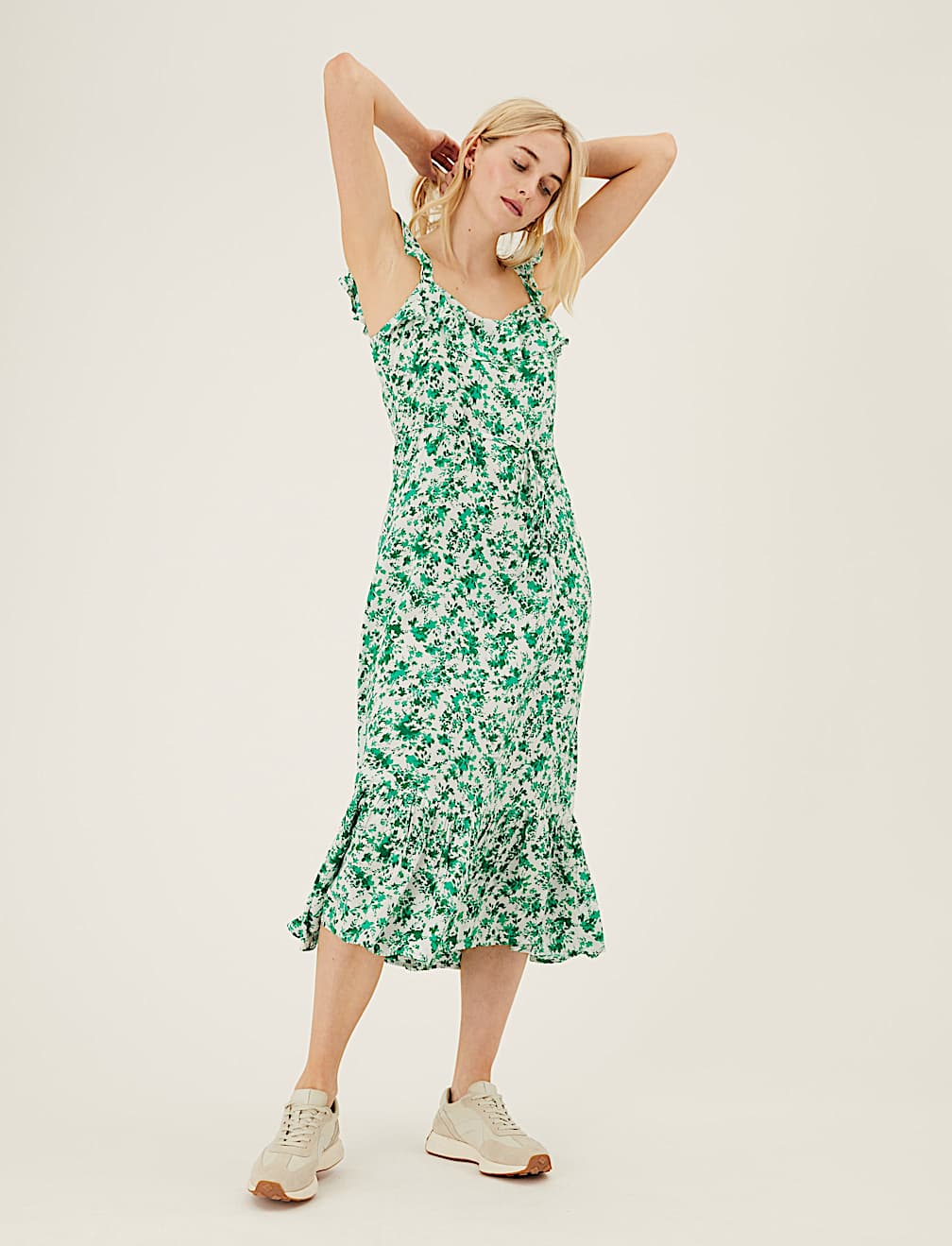 Floral Square Neck Midi Waisted Dress