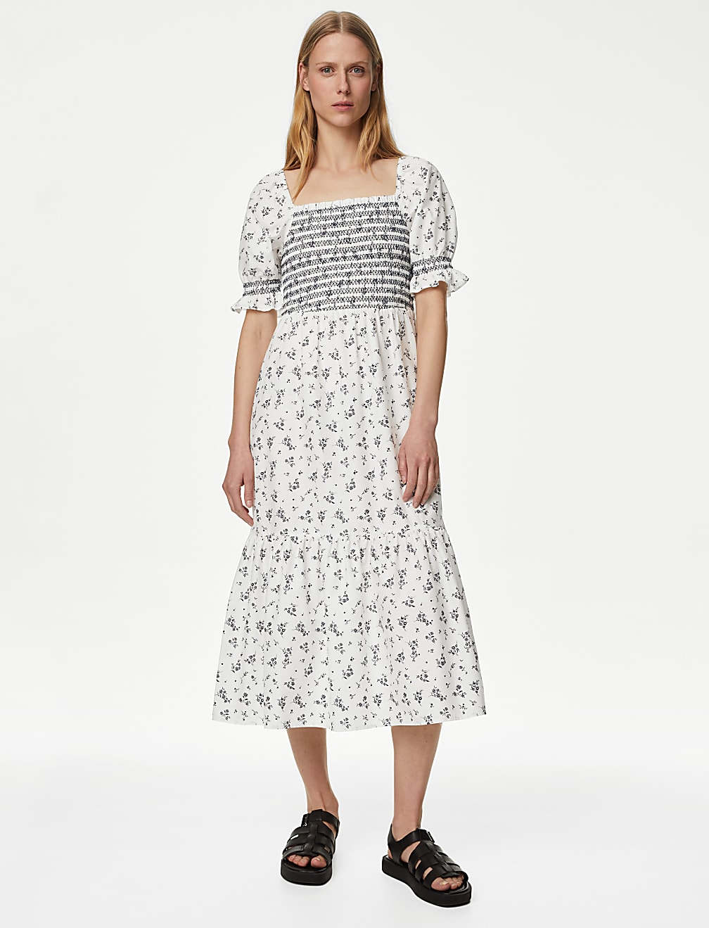Pure Cotton Printed Square Neck Midi Dress