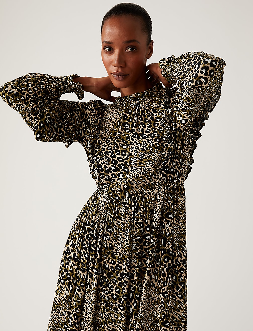 Animal Print Round Neck Midi Waisted Dress