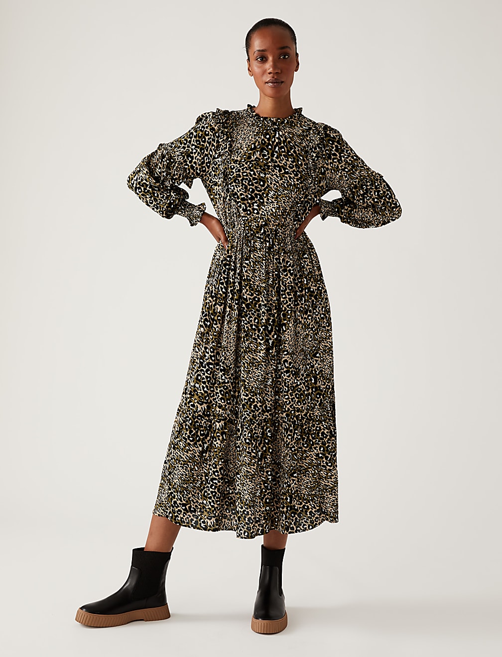 Animal Print Round Neck Midi Waisted Dress