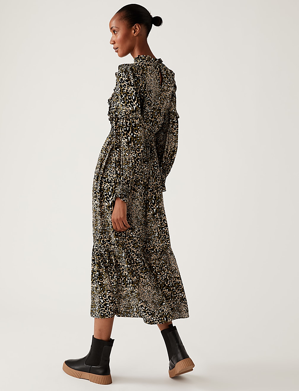Animal Print Round Neck Midi Waisted Dress