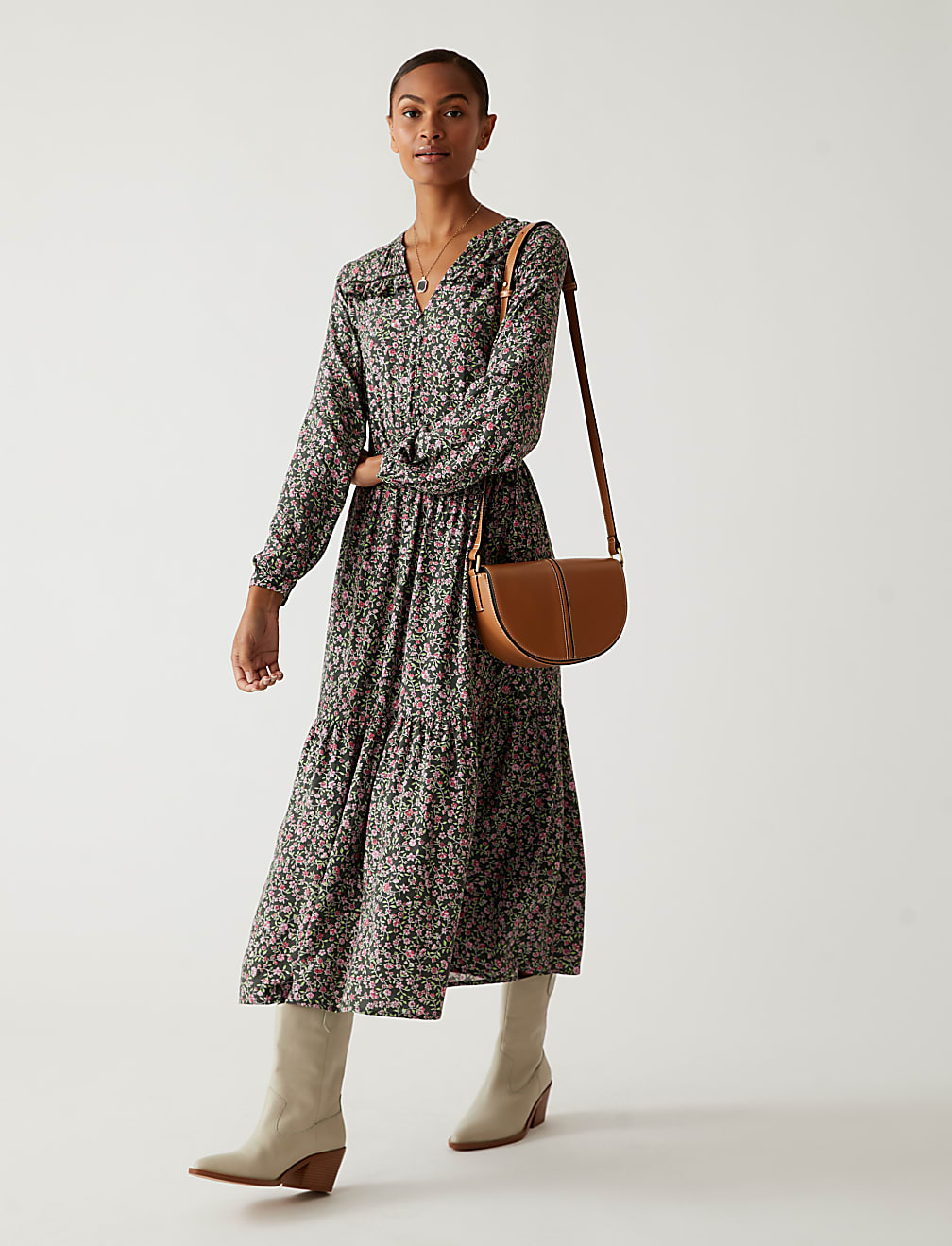 Floral V-Neck Midaxi Tiered Dress