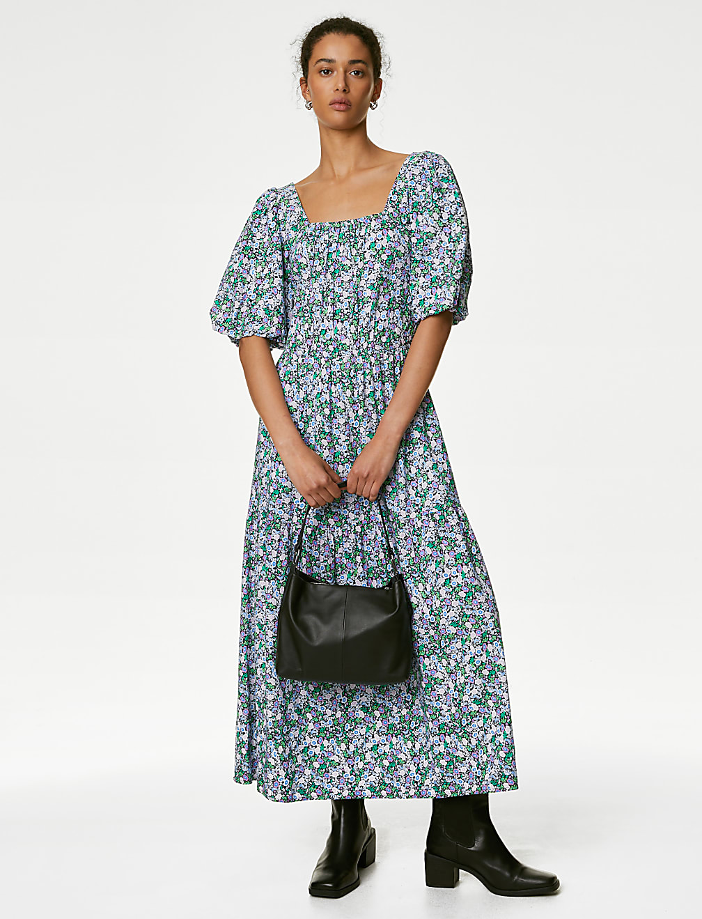 Cotton Blend Floral Square Neck Midi Dress