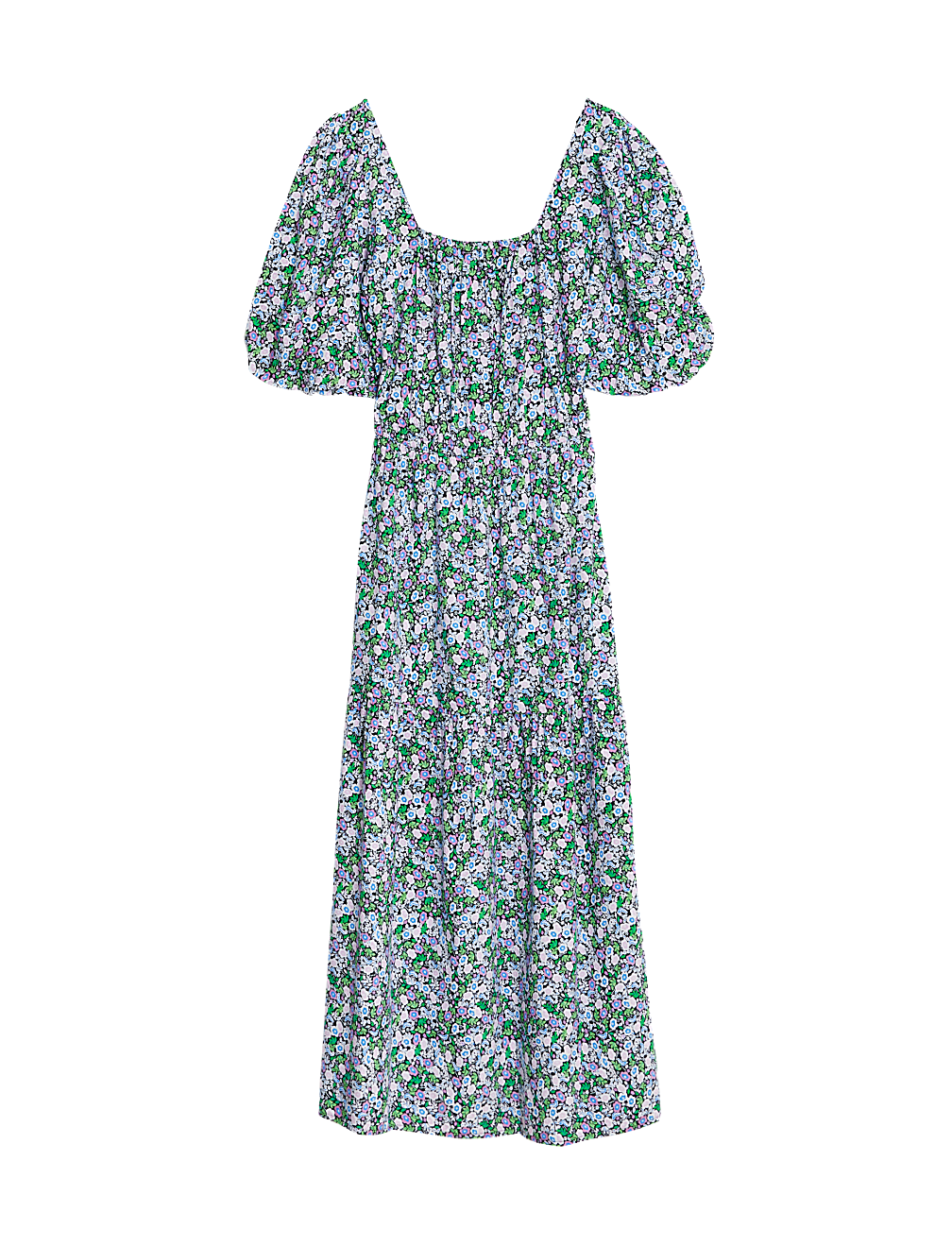 Cotton Blend Floral Square Neck Midi Dress