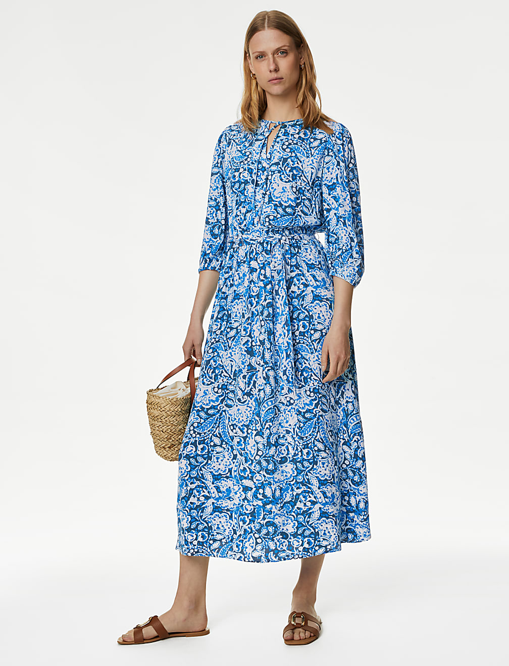 Printed Tie Neck Belted Maxi Tiered Dress