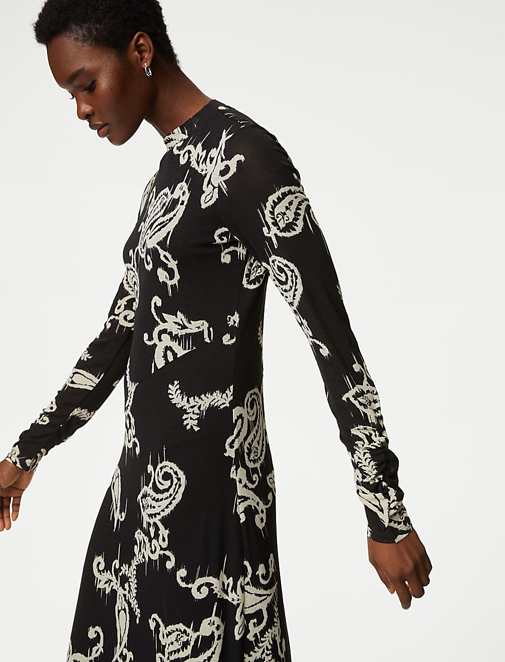 Jersey Printed Mesh Funnel Neck Midi Dress