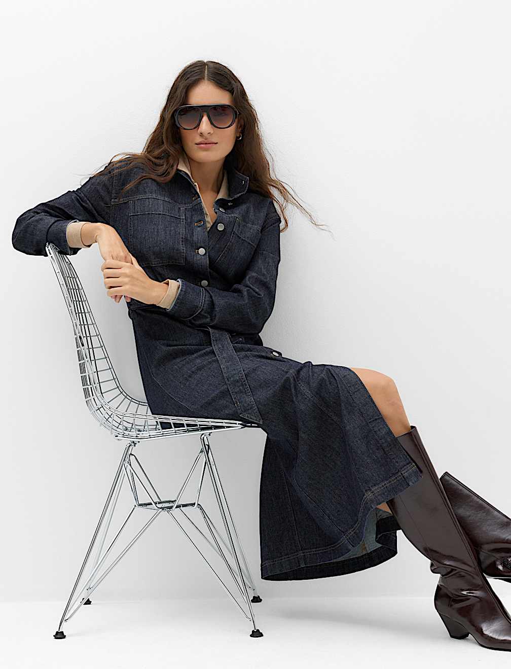 Denim Funnel Neck Midi Column Dress