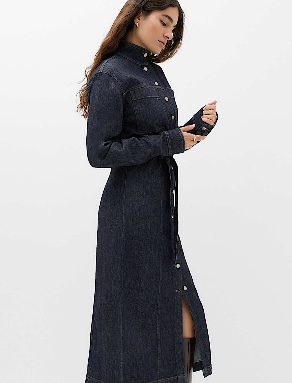 Denim Funnel Neck Midi Column Dress