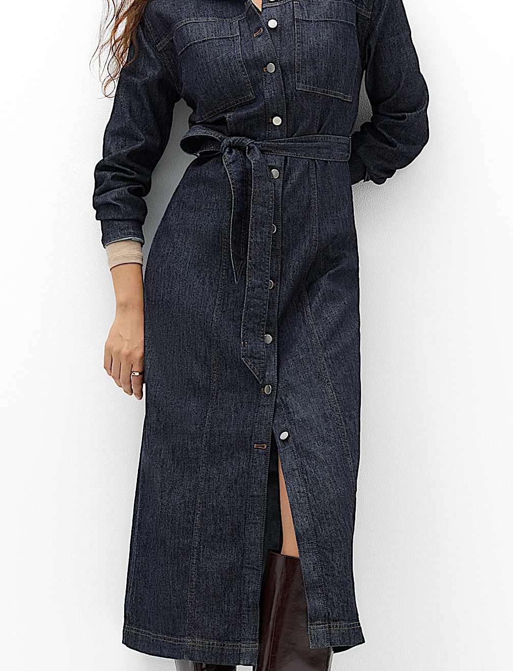 Denim Funnel Neck Midi Column Dress
