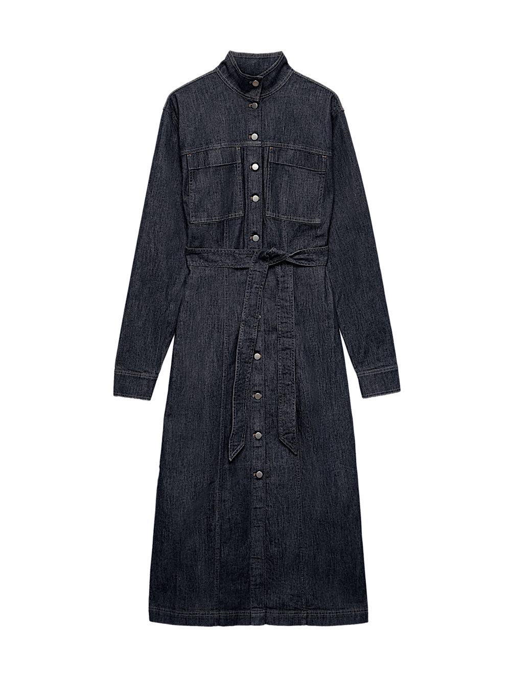 Denim Funnel Neck Midi Column Dress