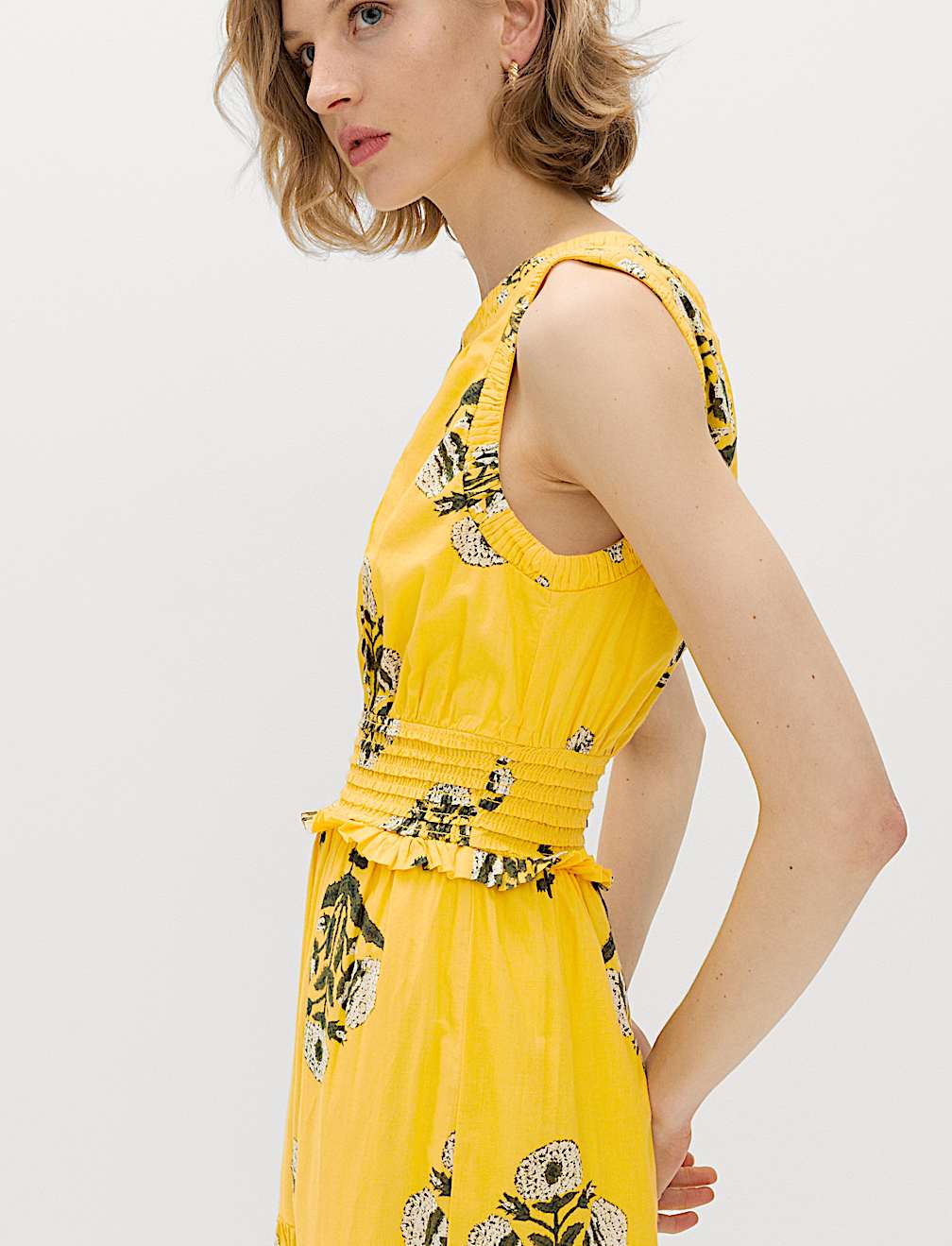 Pure Cotton Floral Midi Waisted Dress