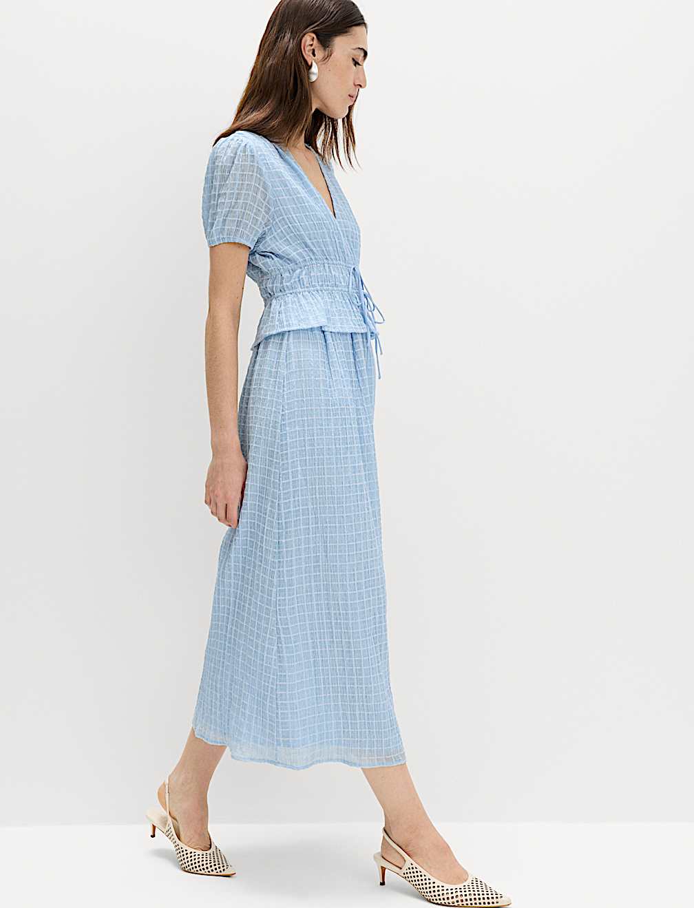 Lyocell Blend V-Neck Midi Waisted Dress