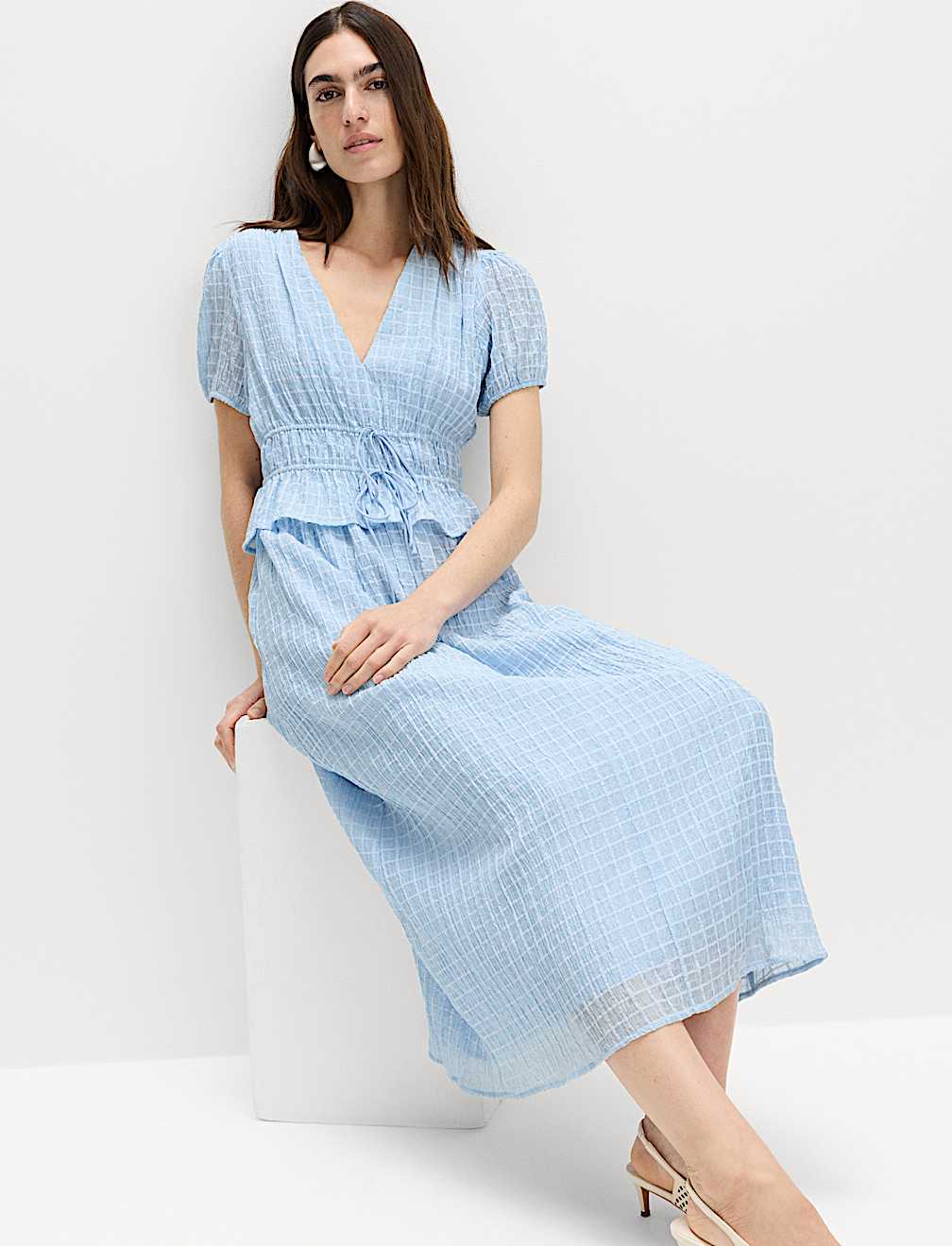 Lyocell Blend V-Neck Midi Waisted Dress