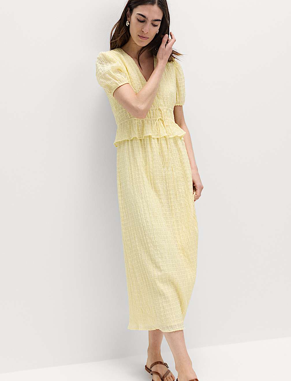 Lyocell Blend V-Neck Midi Waisted Dress