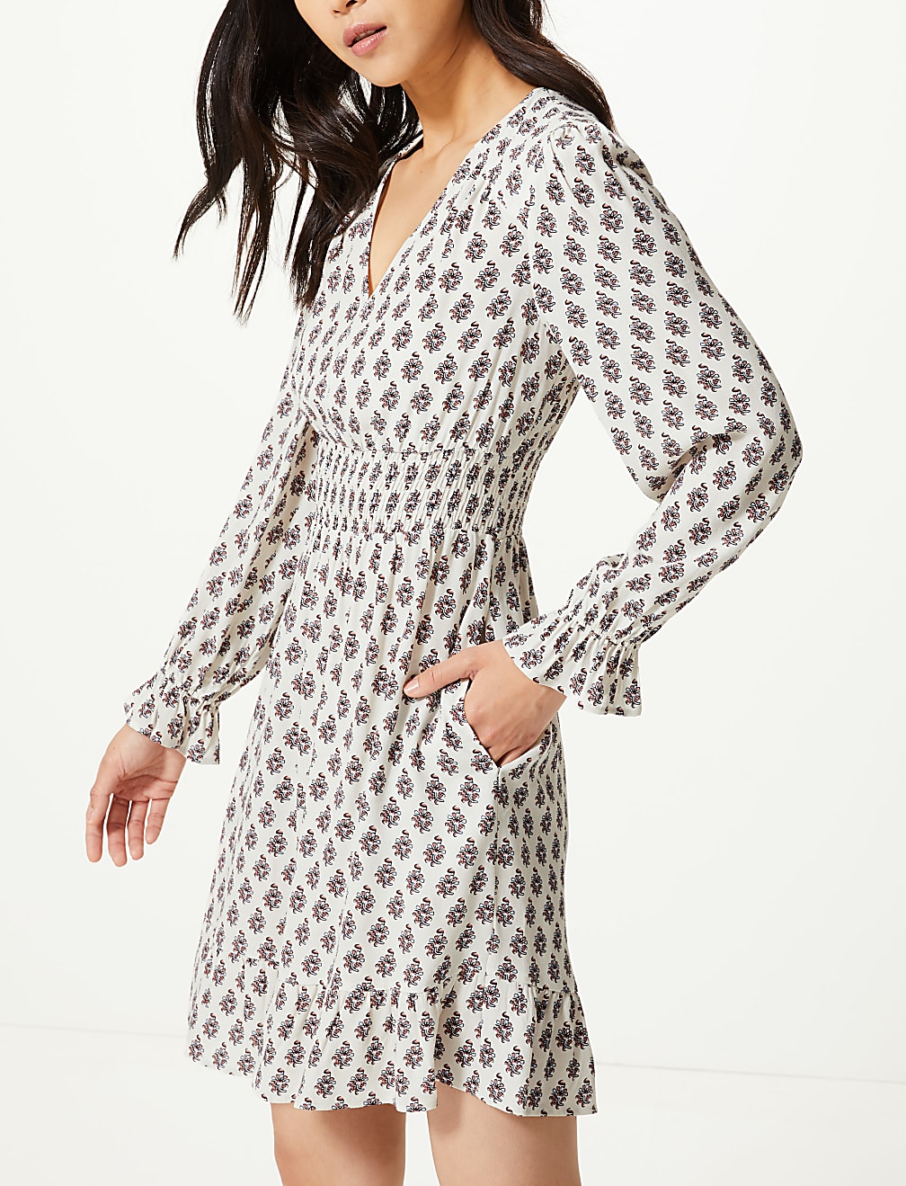Floral Print Cuff Detail Waisted Dress