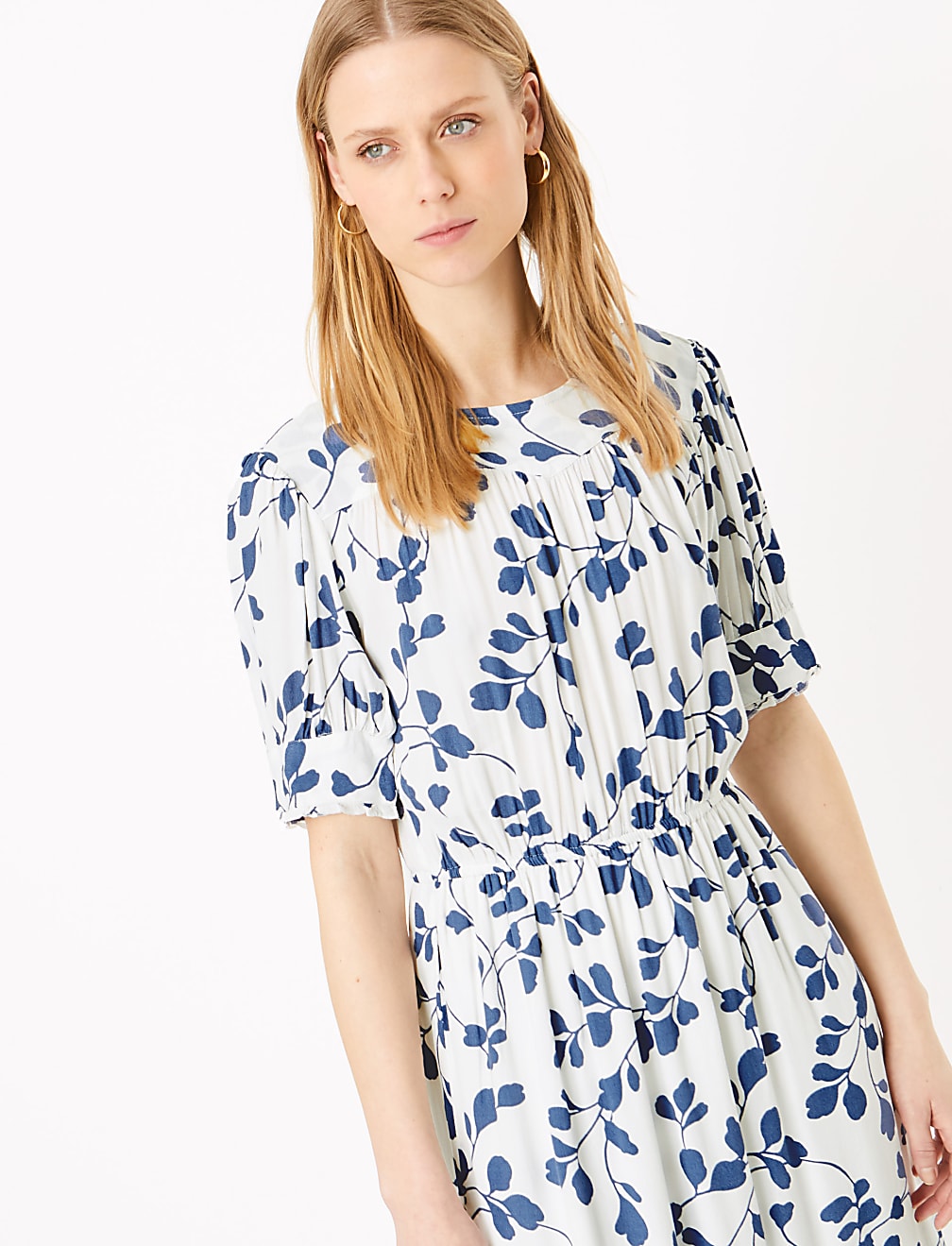 Leaf Print Midi Waisted Dress