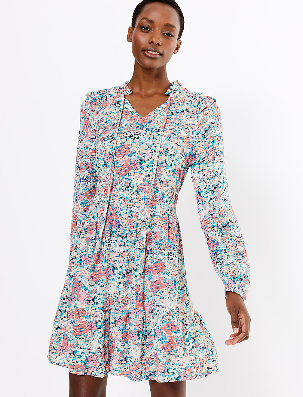 Floral High Neck Mini Waisted Dress