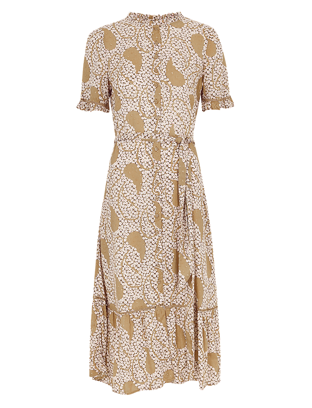 Printed Frill Belted Midi Shirt Dress