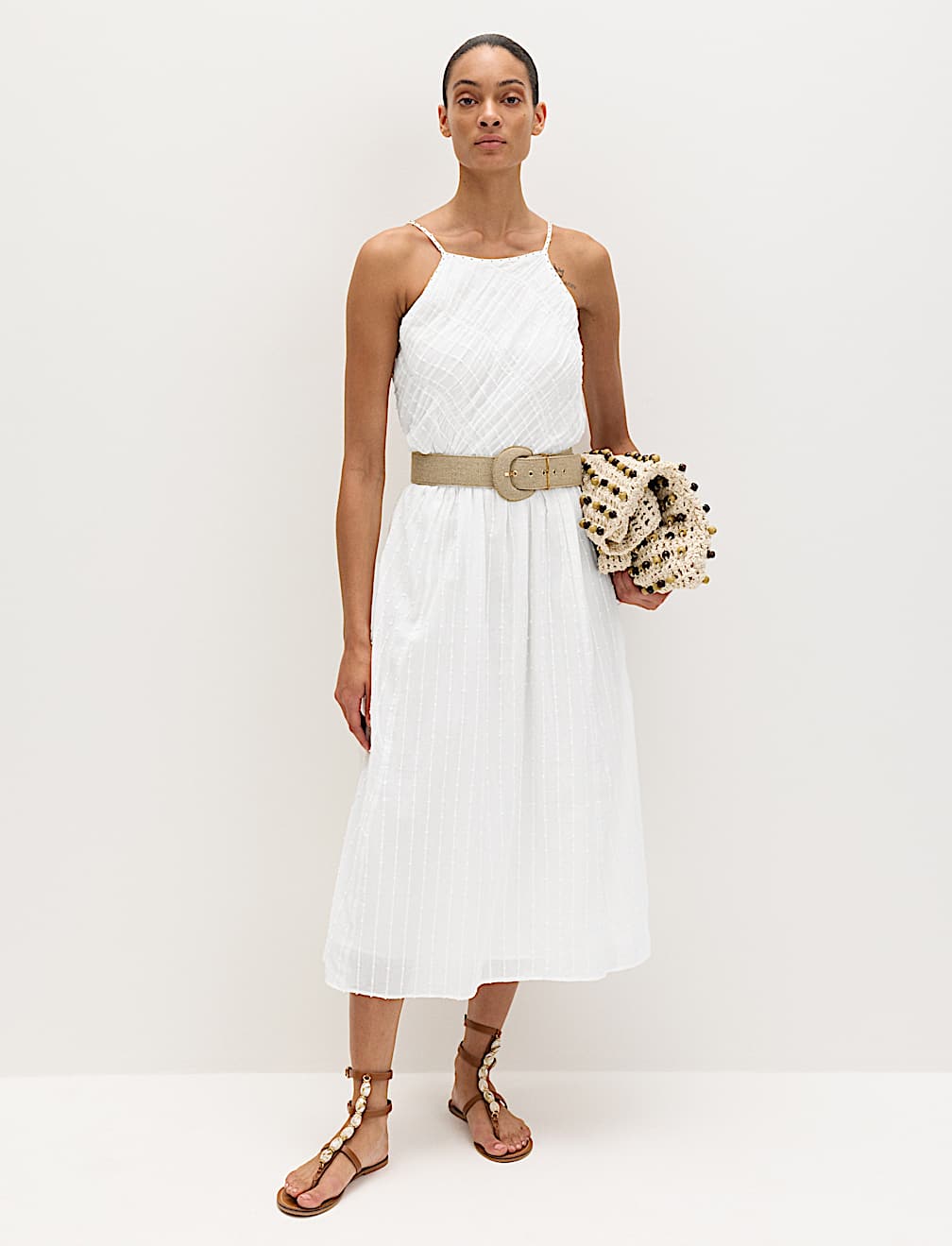 Pure Cotton Square Neck Strappy Midaxi Waisted Dress