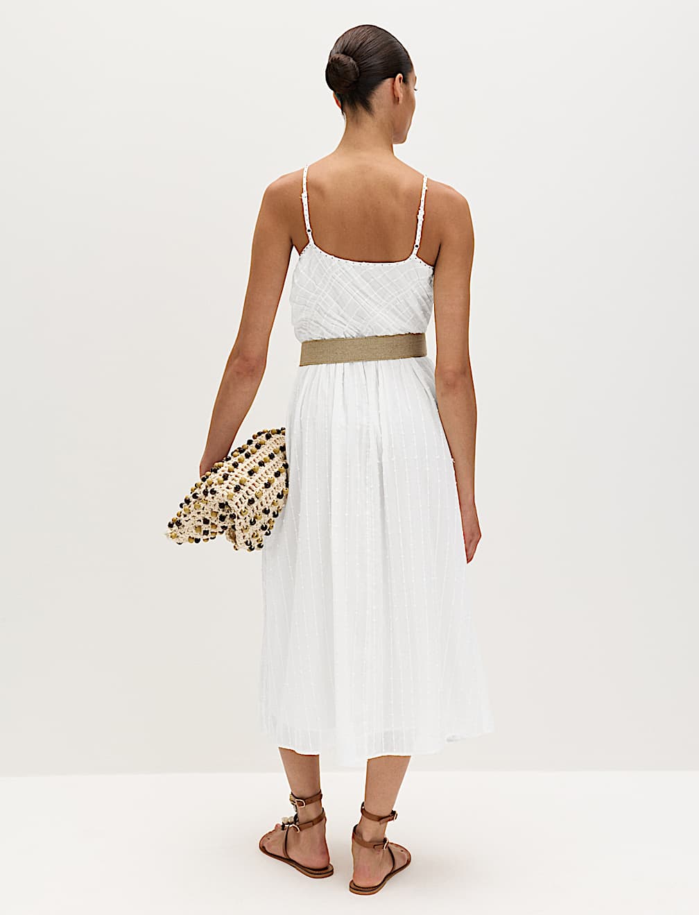 Pure Cotton Square Neck Strappy Midaxi Waisted Dress