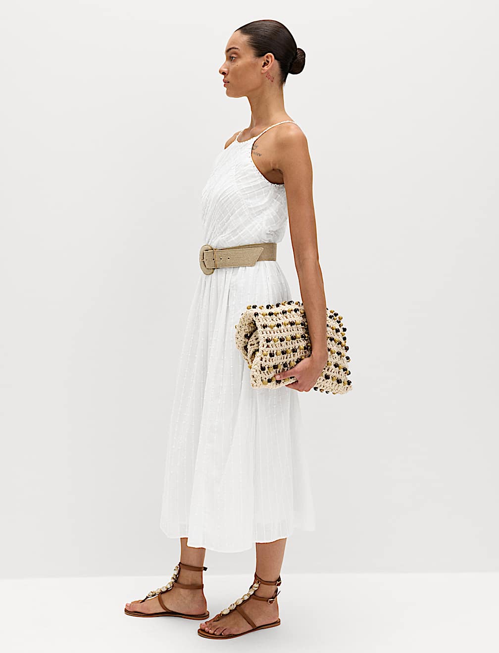 Pure Cotton Square Neck Strappy Midaxi Waisted Dress