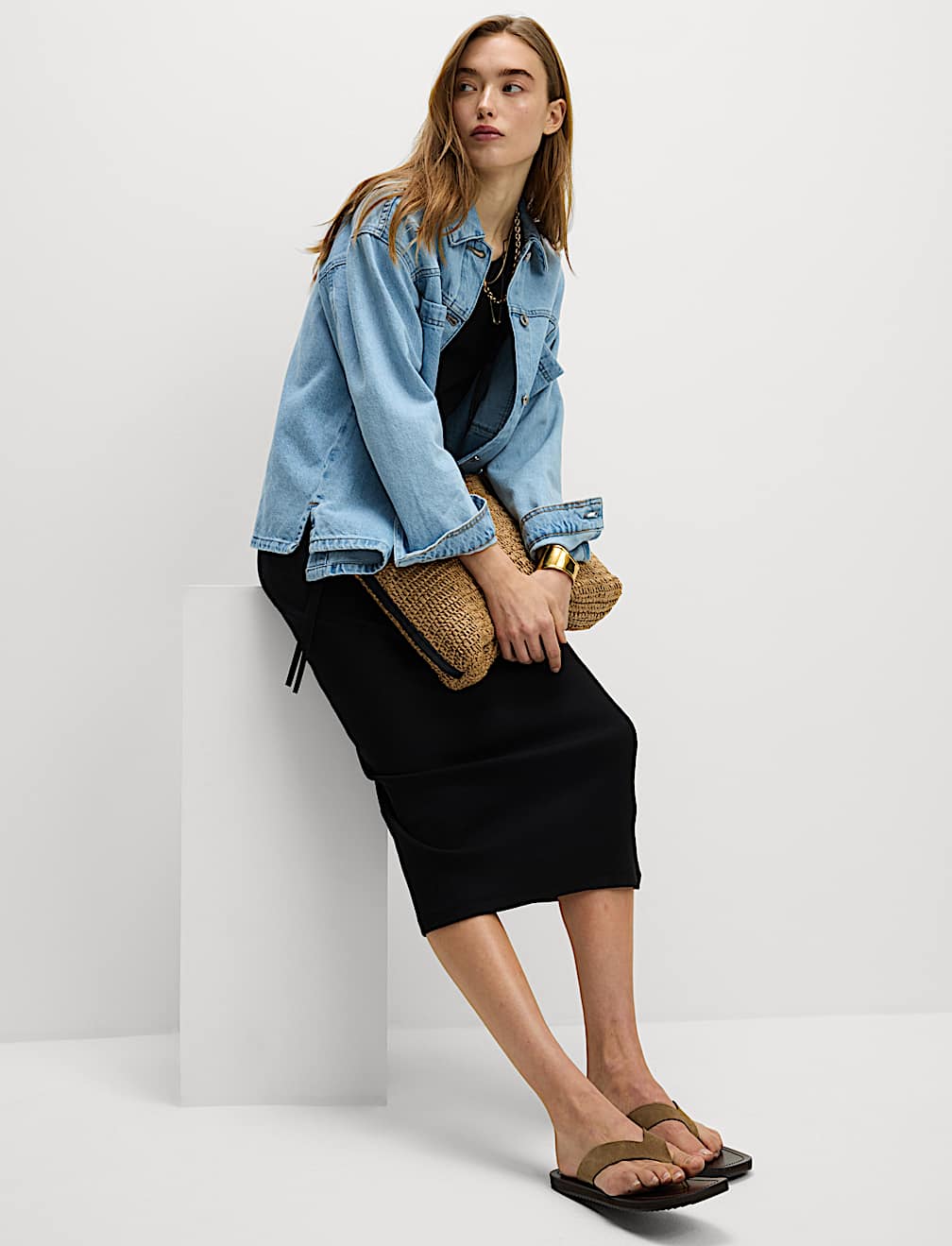 Cotton Rich Ribbed Crew Neck Midi Column Dress
