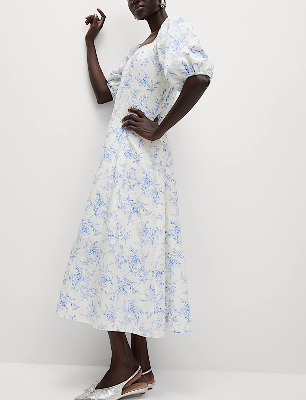 Linen Rich Printed Square Neck Midaxi Dress