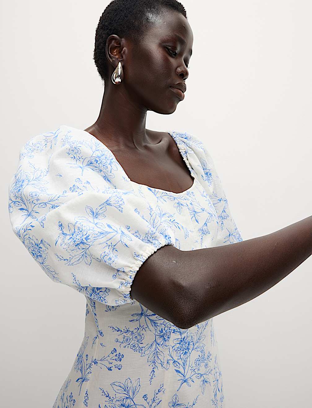 Linen Rich Printed Square Neck Midaxi Dress